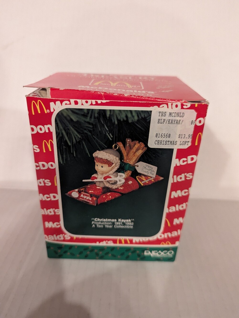 VTG 1991 McDonald's Enesco "Christmas Kayak" Apple Pie Ornament In Box